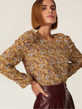 Rebecca Minkoff Mustard Floral Puff-Sleeve Top Carrie Puff Shoulder Top
